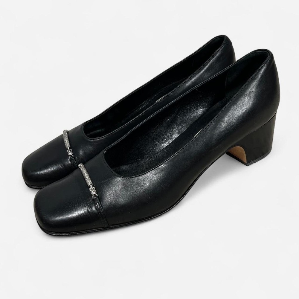 Vintage Brighton Black Leather Pumps Silver Buckle Womens 8